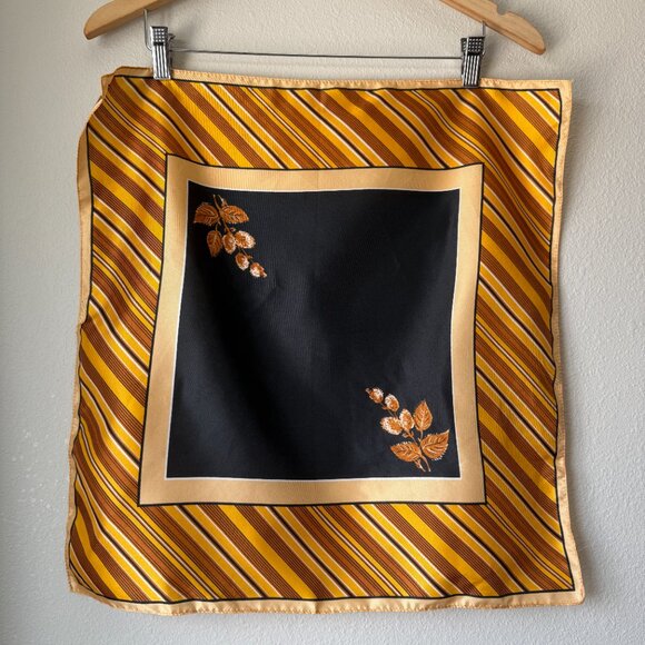 PRICE FIRM Vintage Black Orange Striped Leaf Square Printed Scarf - Picture 2 of 7
